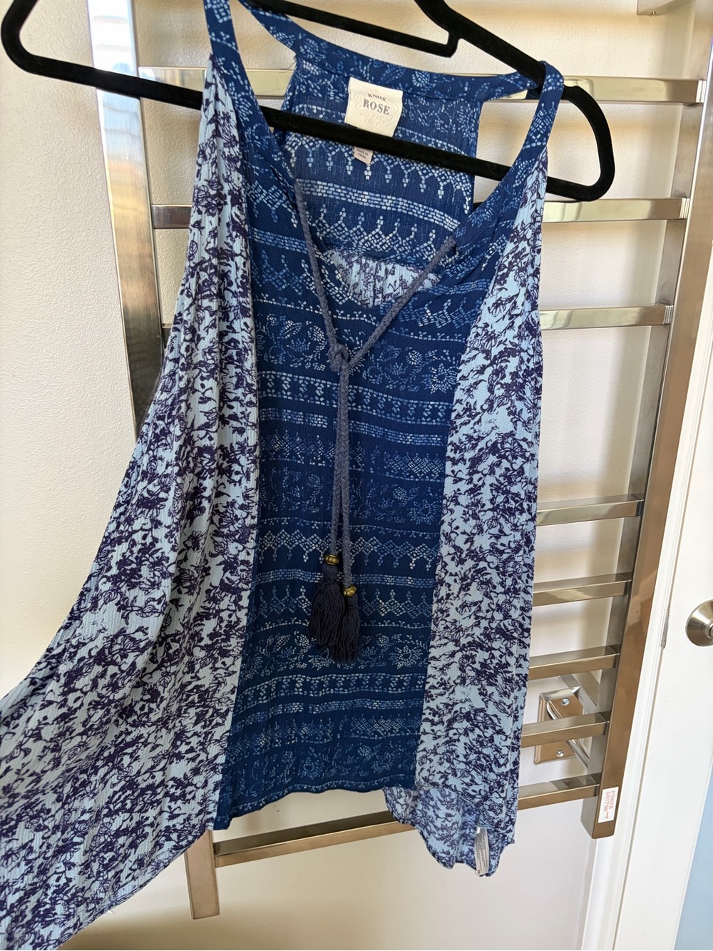 Knox Rose Blue Patterned Tasseled Top